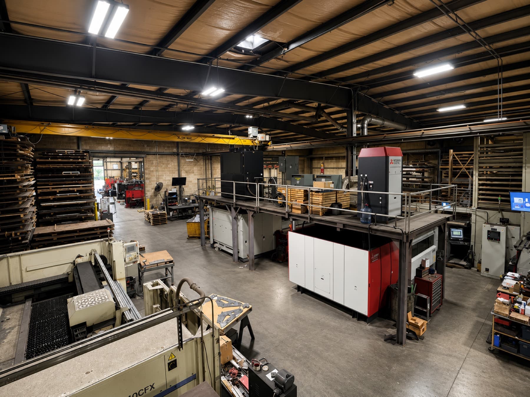 Overhead view of the New Tech Metals laser cutting and finishing area with a Mitsubishi fiber laser, automated material tower, and steel stock racks in New Franken, Wisconsin